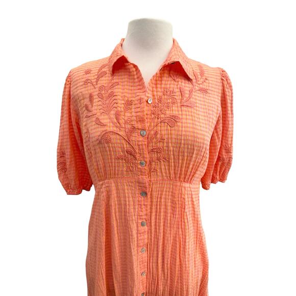 Johnny Was Orla Cotton Shirt Dress PeachPink Vintage Look XS Feminine Embroidery - Picture 4 of 13